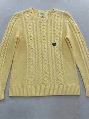 NWT LL Bean Cable Knit Fisherman Sweater Women M Pullover Cotton Yellow Thick